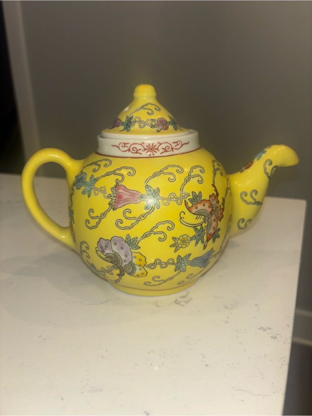 Vintage Chinese hand-painted yellow-ground porcelain teapot